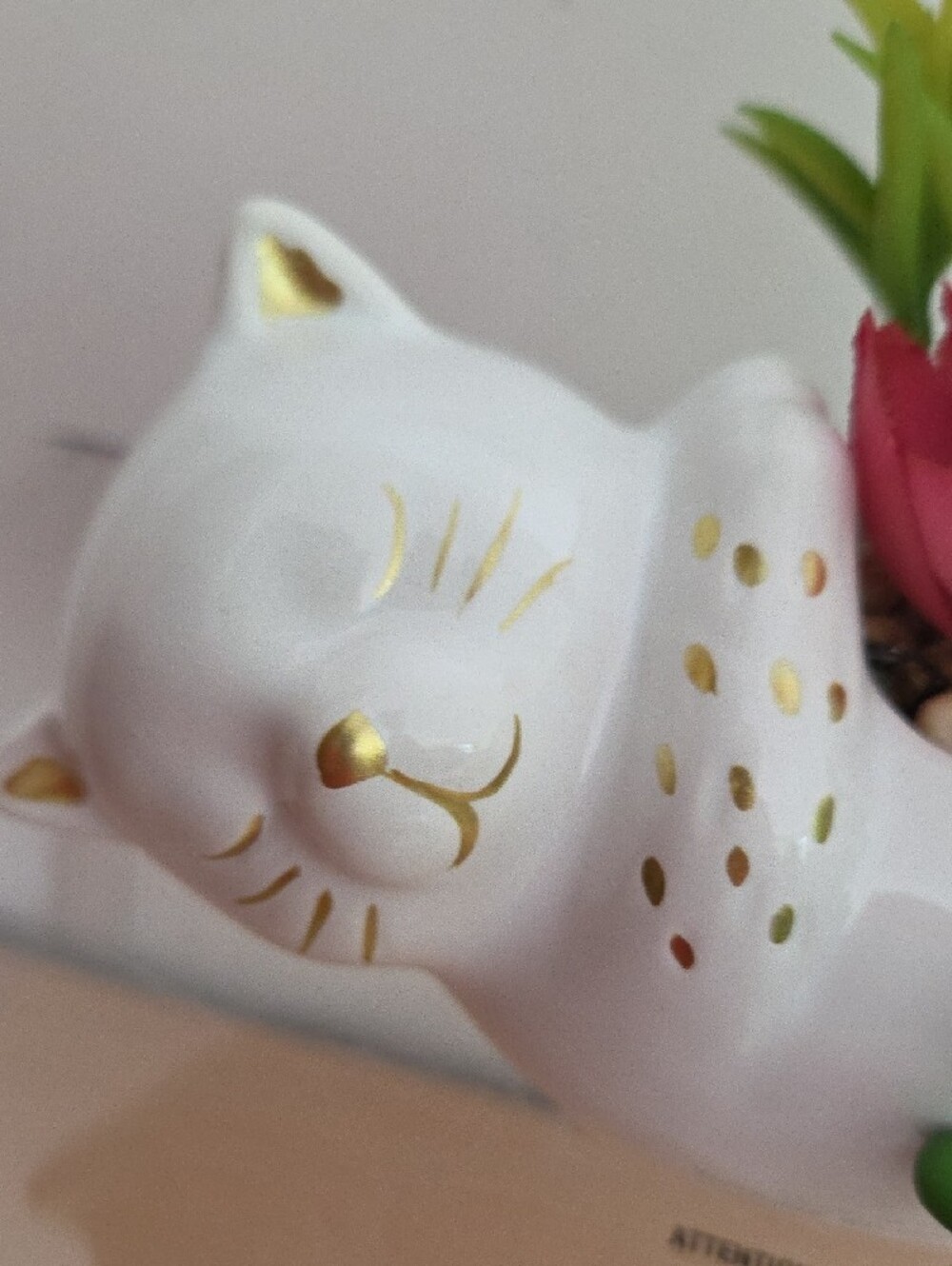 White Ceramic Cat Succulent Planter with Gold Accents - Picture 4 of 5